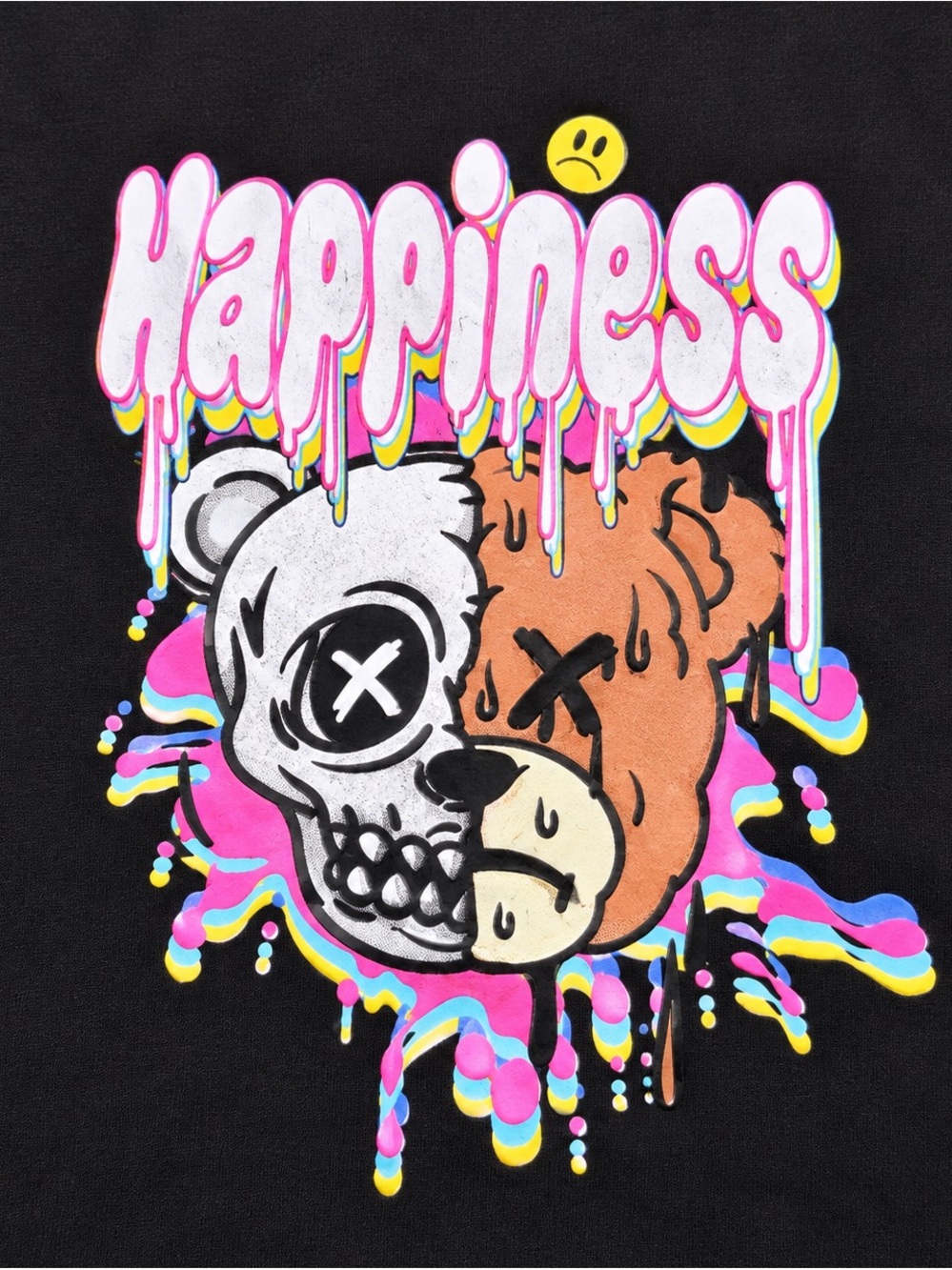 Fresh Laundry “Happiness” Skull Bear Graphic T-Shirt Unisex Y2K – Black – Size M - Picture 5 of 7
